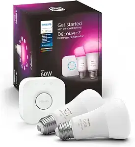 Philips Hue Smart Light Bulbs Starter Kit, 1 Bridge + 2 60W A19 Bulbs