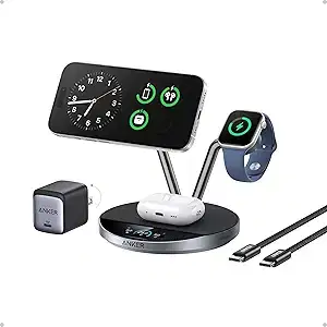 Anker Prime MagSafe Charger, 3-in-1 Qi2.2-Certified 25W Wireless Charging Station with Smart Display and AirCool Powered by Aerospace-Grade TEC, for iPhone 17, Apple Watch, AirPods, and More