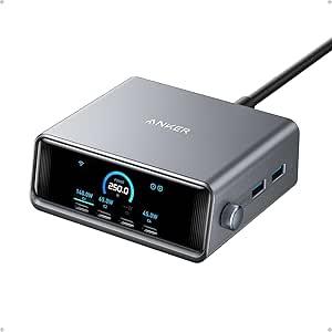 Anker Prime Charging Station, 250W 6-Port GaN USB C Charger | 2.26" LCD Smart Display Control, Compatible with iPhone, Galaxy, MacBook, Dell for Home Office, Gaming Desk Accessories