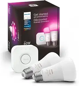 Philips Hue Smart Light Bulbs Starter Kit, 1 Bridge + 2 60W A19 Bulbs