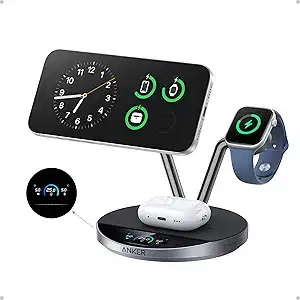 Anker Prime 3-in-1 Qi2.2 MagSafe Compatible 25W Wireless Charging Station | Smart Display, TEC Active Cooling, Apple Watch Charger, for iPhone 17, Apple Watch, AirPods Pro, and More (Adapter Included)