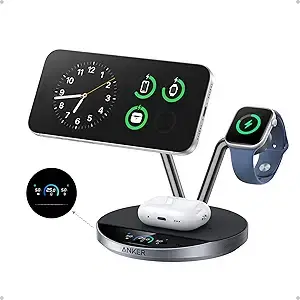 Anker Prime 3-in-1 Qi2.2 MagSafe Compatible 25W Wireless Charging Station | Smart Display with TEC Active Cooling, for iPhone 17, Apple Watch, AirPods Pro, and More (Adapter Included)